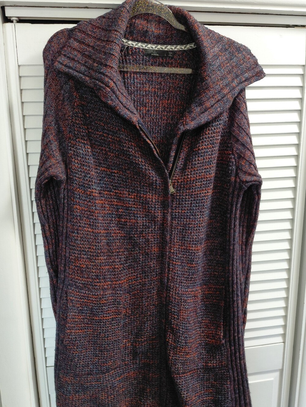 Prana Women's Zip-Front Knit Long Cardigan Sweater Blue Rust Tones